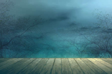 Wooden floor with a haunted forest view with the night scene background
