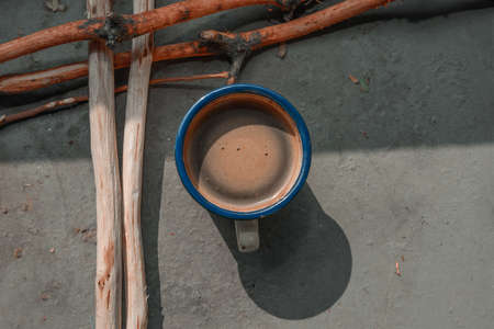 The cup of hot coffee on the gardenの写真素材