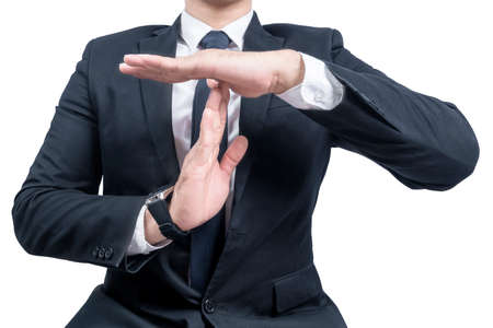 Businessman with hand gesture isolated over white backgroundの写真素材