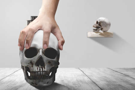 Hand holding a human skull on a wooden table with a white wall backgroundの写真素材