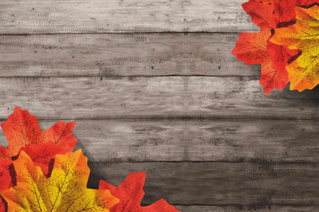 Autumn maple leaf with wooden table background