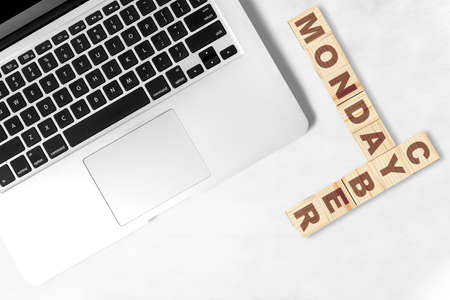 Cyber Monday text on the wooden cube on the desk. Cyber Monday concept