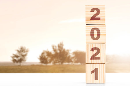 2021 on the stack of the wooden cube. Happy New Year 2021