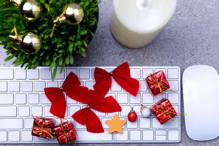 Close up view of millet grass plant in the pot with christmas decoration and the keyboard on the...