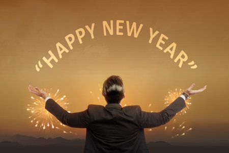 Rear view of Asian businessman ready for 2021. Happy New Year 2021