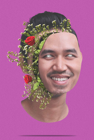 Collage of rose blooming from a businessman's face. Collage art conceptの写真素材