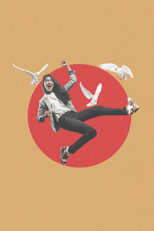 Collage of happy businesswoman jumping with birds. Collage art conceptの写真素材