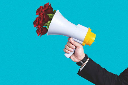 Collage of businessman with roses flower from his megaphone. Collage art conceptの写真素材