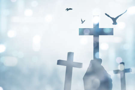 Human hand holding Christian Cross and pigeon flying with a blurred light backgroundの写真素材
