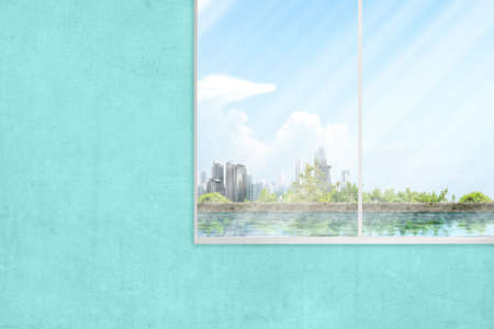 Window glass with pond view and skyscrapers background