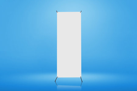 Empty standing banner with blue backgroundの写真素材