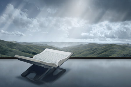 Quran open in wooden placemat with mountain view backgroundの写真素材