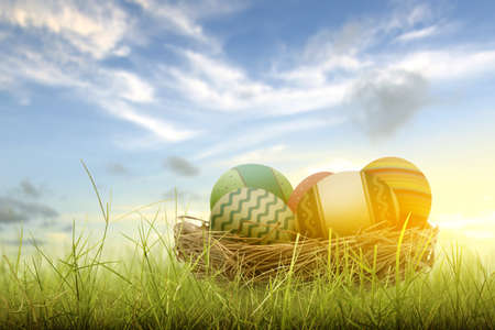 Colorful easter egg on the nest in a wooden basket on the field. Happy Easter