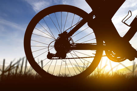 Silhouette of a woman riding a bicycle on the meadow field. World bicycle dayの写真素材