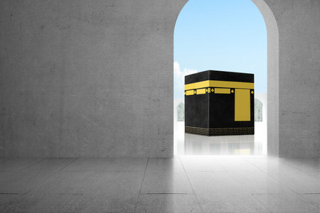 Door with holy Kaaba view with blue sky background