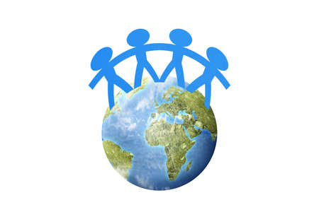 Blue people paper holding hands standing on earth isolated over blue backgroundの写真素材