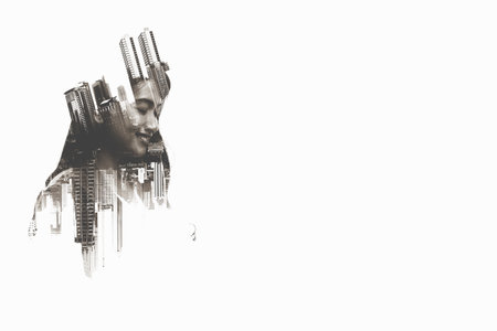 Image of a businesswoman standing in the city. Double exposure