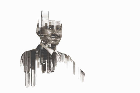 Image of a businessman standing in the city. Double exposure