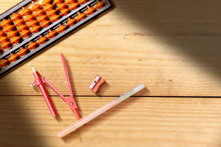 Stationery with wooden table background. Back to School conceptの写真素材
