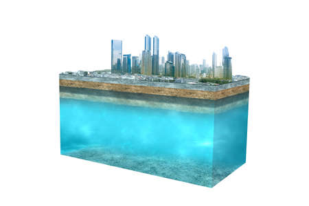 Skyscrapers and modern buildings standing above the subsoil. Environment concept