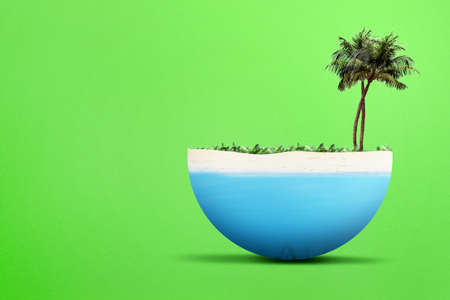 Underwater view of blue water on the ocean with the little island. Environment concept