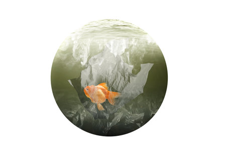 Underwater view with goldfish trapped in plastic bags on the lake. Plastic pollution. Environment conceptの写真素材