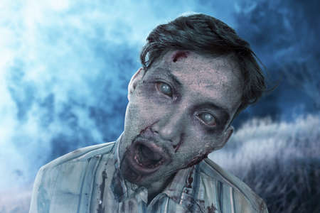 Scary zombie with blood and wound on his body walking on the fieldの写真素材