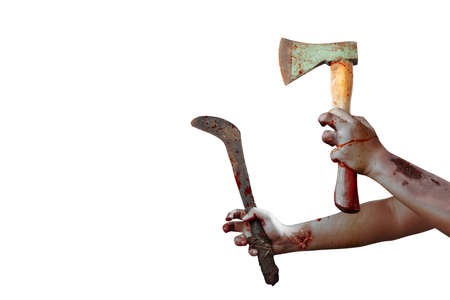 Zombie hands with wound holding ax and sickle isolated over white backgroundの写真素材