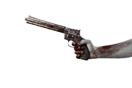 Zombie hands with wound holding gun isolated over white backgroundの写真素材