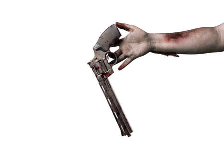 Zombie hands with wound drop the gun isolated over white background