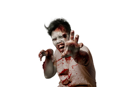 Scary zombie with blood and wound on his body standing isolated over white backgroundの写真素材