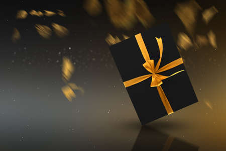 Black gift box with a golden ribbon with blurred light background. Black Friday concept