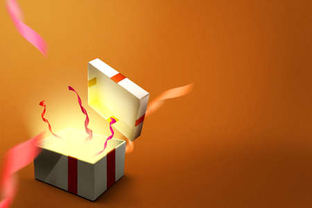 Opened a white gift box with a red ribbon with a colored background. Boxing Day