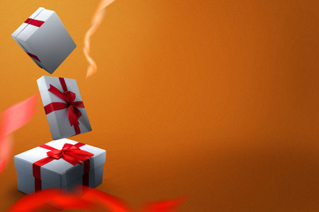 White gift box with red ribbon with a colored background. Boxing Day