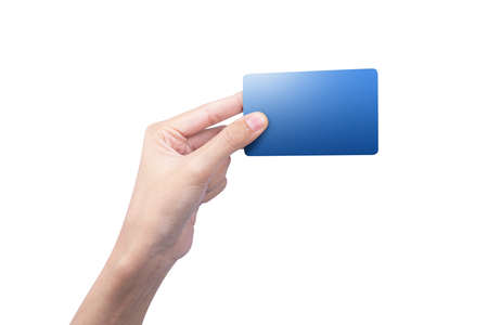 Hand holding empty blue card isolated over white background. Empty card for copy spaceの写真素材