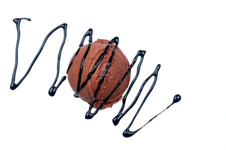 Chocolate ice cream with chocolate sauce with white backgroundの写真素材