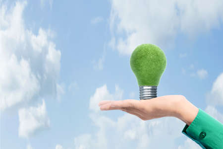 Hand holding grass bulb with a blue sky background. Power Green Conceptの写真素材