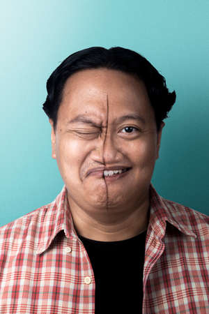 Asian man with two face expression with colored background