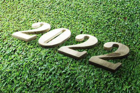 2022 with green grass background. Happy New Year 2022