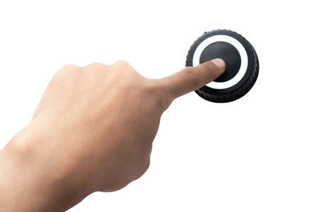 Human hand pressing the button isolated over white backgroundの写真素材