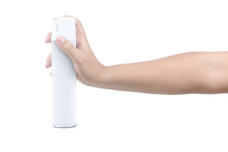 Male hands holding spray bottle isolated over white backgroundの写真素材