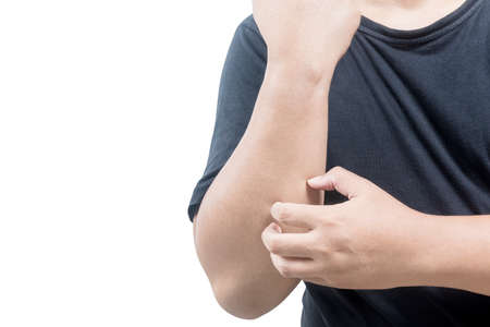 Man scratch the itch with hand isolated over white background