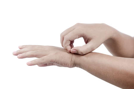 Man scratch the itch with hand isolated over white background