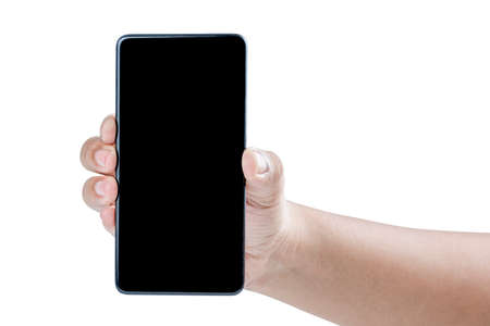 Hand holding mobile phone isolated over white background