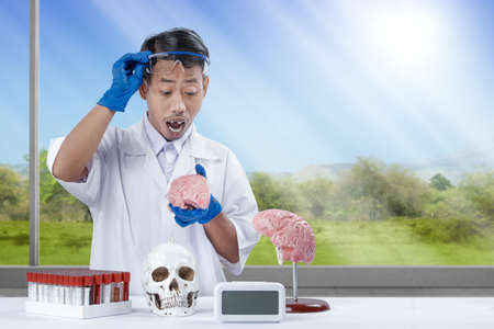 Asian nerd scientist standing and holding a human brain with a skull head and medical tube rack on the desk in the laboratoryの写真素材