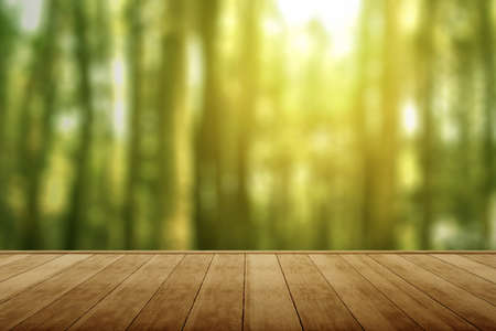 Wooden table with blurred backgroundの写真素材