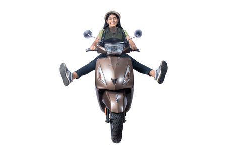 Asian woman with a hat sitting on a scooter isolated over white background