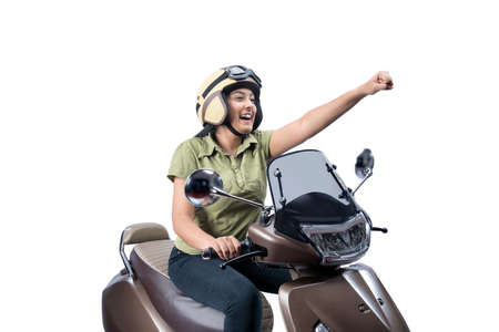 Asian woman with a helmet sitting on a scooter isolated over white background