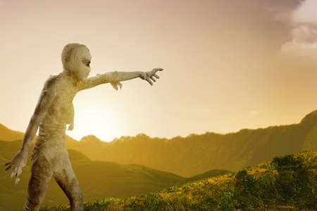 Mummy walking with claw hands on the field. Halloween conceptの写真素材