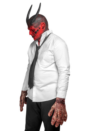 Devilman standing isolated over white background. Halloween concept